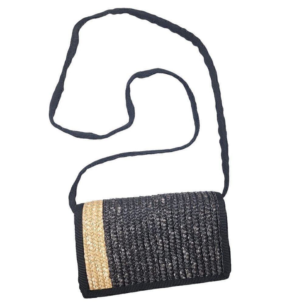NWOT Black Colorblock Woven Straw Convertible Clutch Crossbody Bag Wallet